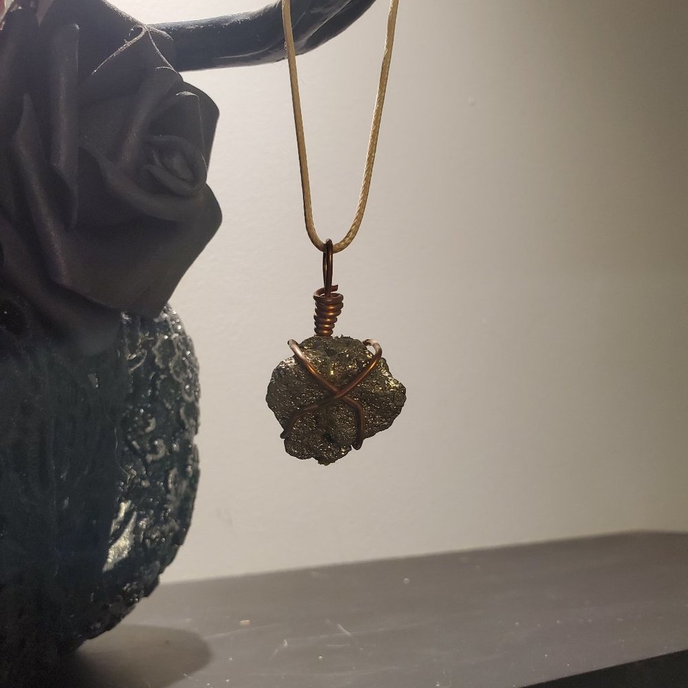Copper wire wrapped gold chalcopyrite necklace